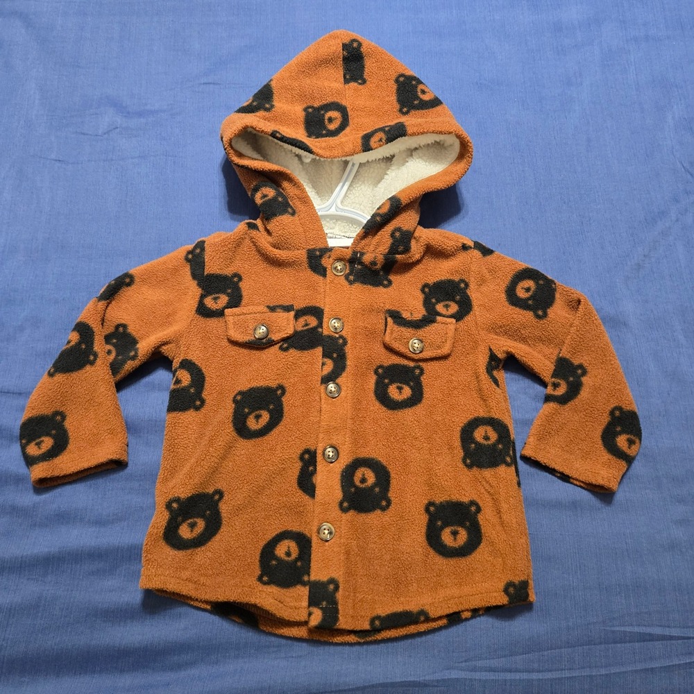 pl-baby Hooded Fleece‎ Shacket Baby 18m Brown Excellent Teddy Bear Print